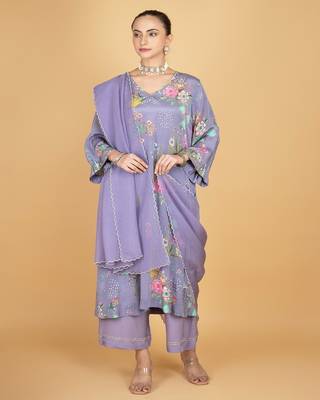 Purple floral printed crepe kurta set 1