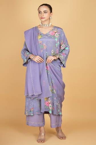 Purple floral printed crepe kurta set