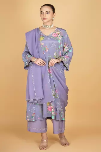Purple floral printed crepe kurta set