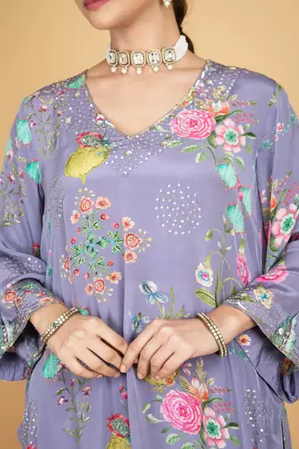 Purple floral printed crepe kurta set