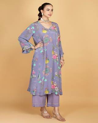 Purple floral printed crepe kurta set 4
