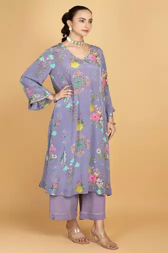Purple floral printed crepe kurta set
