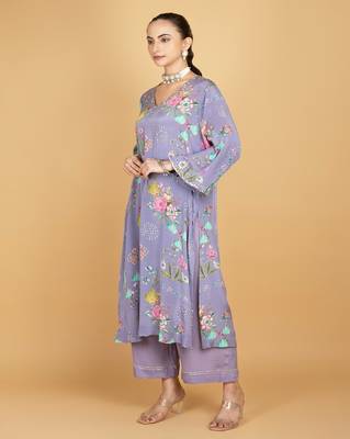 Purple floral printed crepe kurta set 5