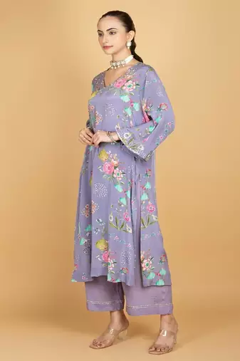 Purple floral printed crepe kurta set