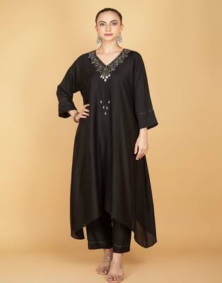 black plain cotton silk kurta set 1