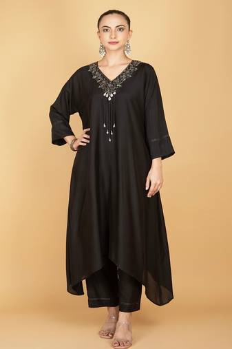 black plain cotton silk kurta set