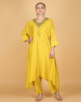 Yellow plain cotton silk Kurta Set 1