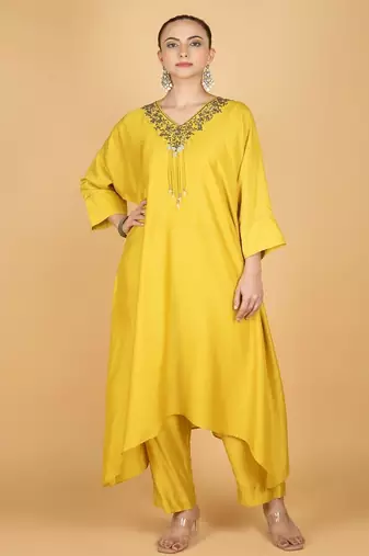 Yellow plain cotton silk Kurta Set