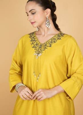 Yellow plain cotton silk Kurta Set 2