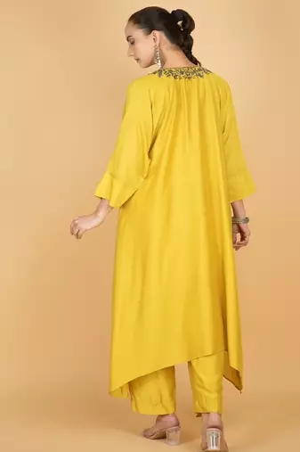 Yellow plain cotton silk Kurta Set