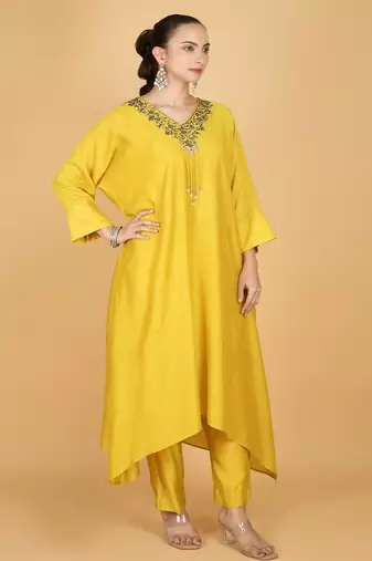 Yellow plain cotton silk Kurta Set