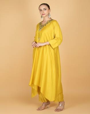 Yellow plain cotton silk Kurta Set 5
