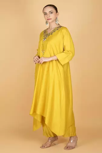 Yellow plain cotton silk Kurta Set