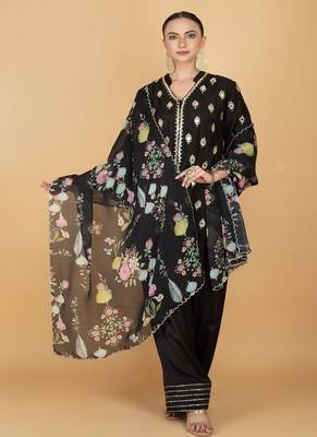 Black floral printed cotton silk kurta set 1