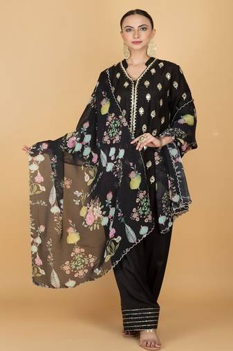 Black floral printed cotton silk kurta set