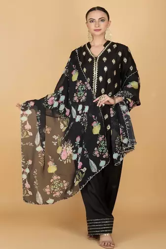 Black floral printed cotton silk kurta set