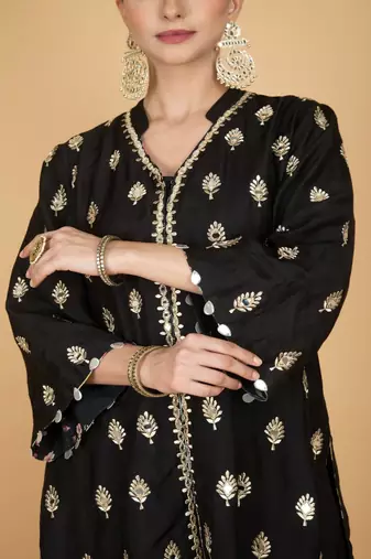 Black floral printed cotton silk kurta set