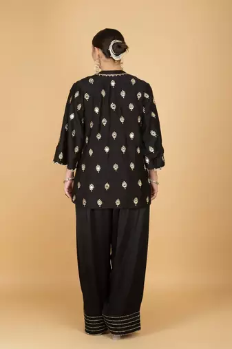 Black floral printed cotton silk kurta set