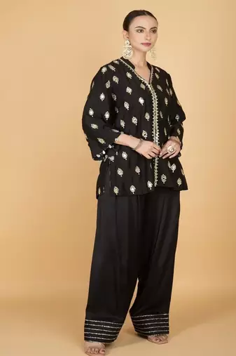 Black floral printed cotton silk kurta set