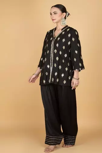 Black floral printed cotton silk kurta set