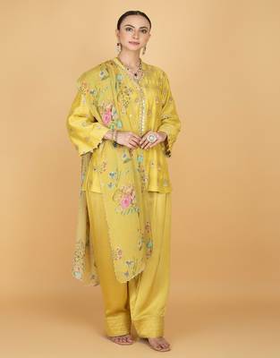 Yellow floral embroidered cotton silk kurta set 1