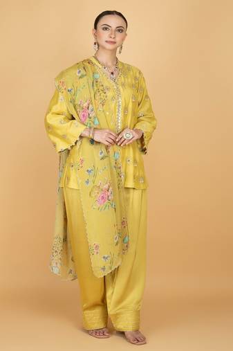 Yellow floral embroidered cotton silk kurta set