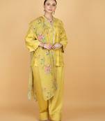 Yellow floral embroidered cotton silk kurta set