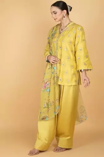 Yellow floral embroidered cotton silk kurta set