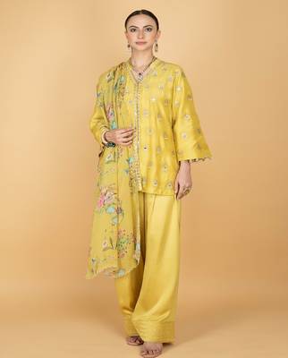 Yellow floral embroidered cotton silk kurta set 3