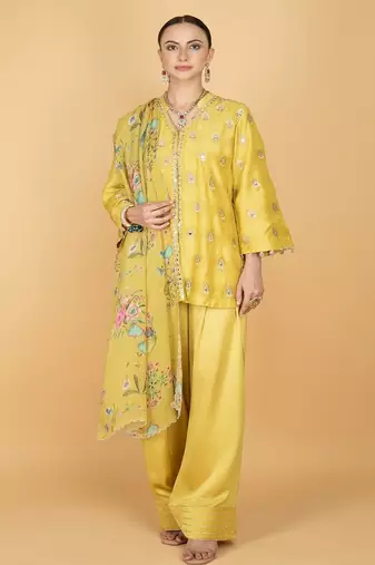 Yellow floral embroidered cotton silk kurta set