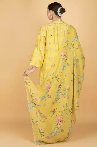Yellow floral embroidered cotton silk kurta set