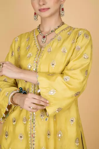 Yellow floral embroidered cotton silk kurta set