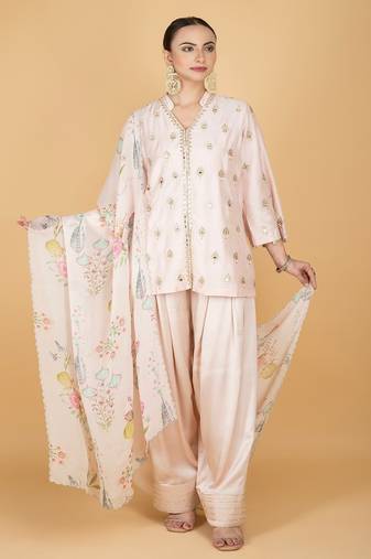 Pink floral embroidered cotton silk kurta set