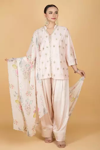 Pink floral embroidered cotton silk kurta set