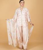 Pink floral embroidered cotton silk kurta set