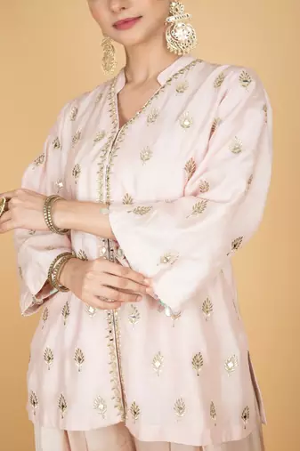 Pink floral embroidered cotton silk kurta set