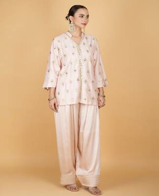 Pink floral embroidered cotton silk kurta set 3