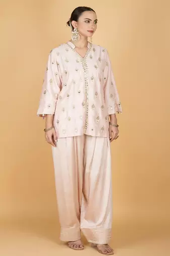 Pink floral embroidered cotton silk kurta set
