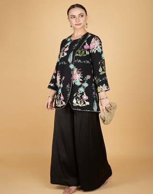 Black floral printed cotton silk co ord set 1