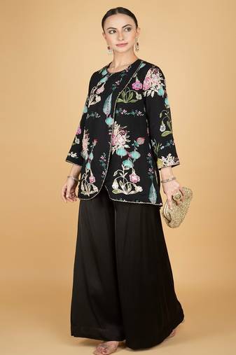 Black floral printed cotton silk co ord set