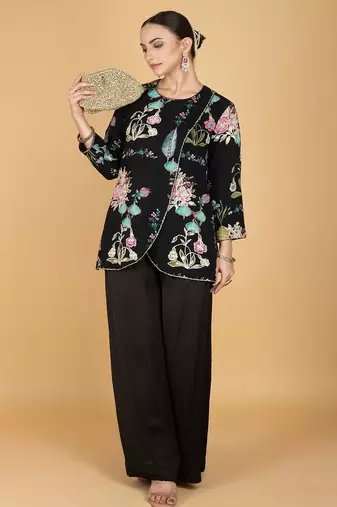 Black floral printed cotton silk co ord set