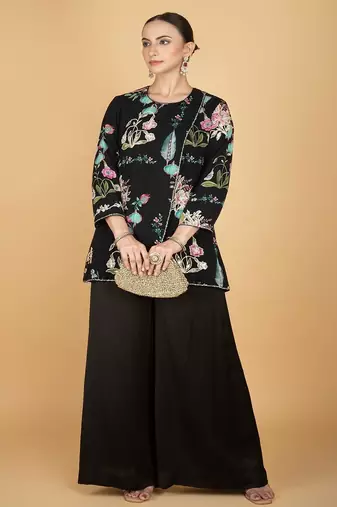Black floral printed cotton silk co ord set
