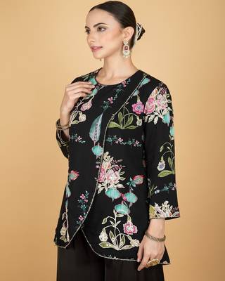 Black floral printed cotton silk co ord set 4