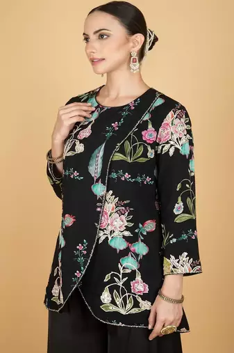 Black floral printed cotton silk co ord set