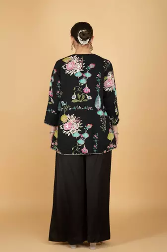 Black floral printed cotton silk co ord set