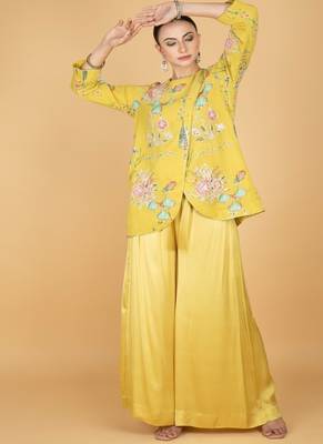Yellow floral printed cotton silk co ord set 2