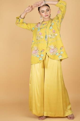Yellow floral printed cotton silk co ord set