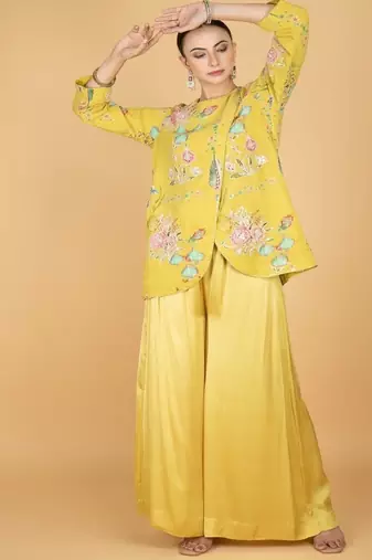 Yellow floral printed cotton silk co ord set