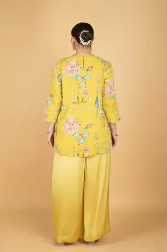Yellow floral printed cotton silk co ord set