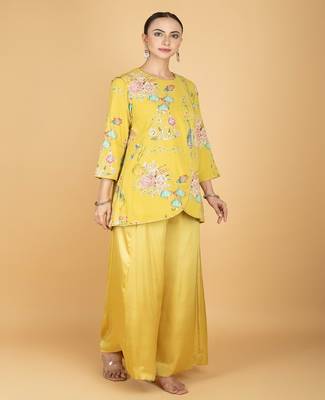 Yellow floral printed cotton silk co ord set 1
